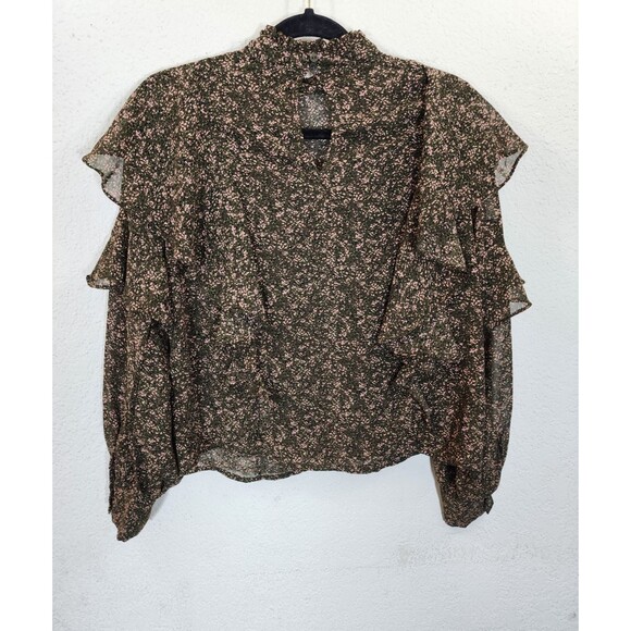 Vero Moda Blouse XS Green Pink Floral Ruffle High Neck Frill Long Sleeve Boho - Picture 3 of 7